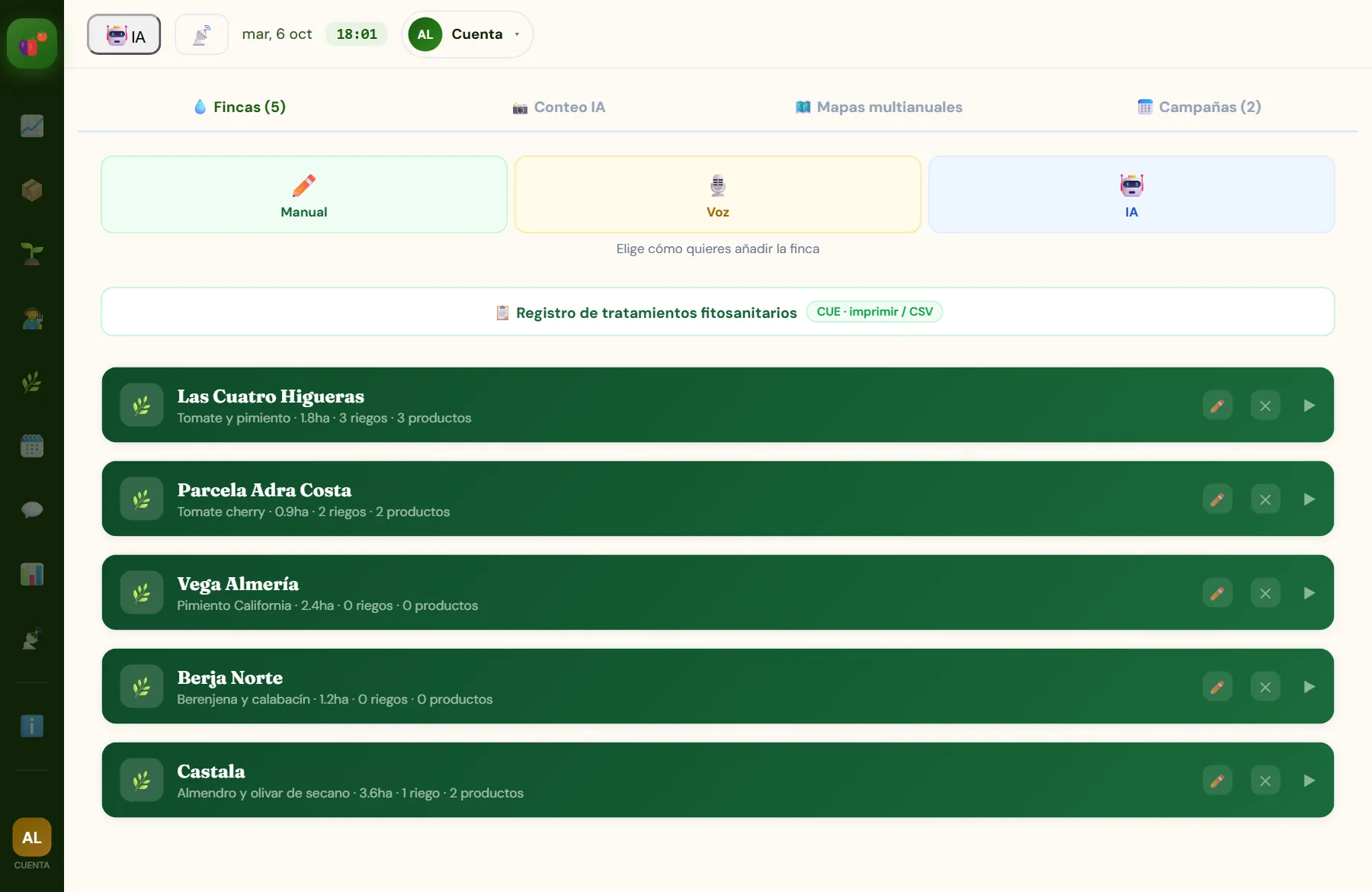 Las cinco fincas de ejemplo en Mi Campo y el botón del registro de tratamientos fitosanitarios para imprimir o en CSV