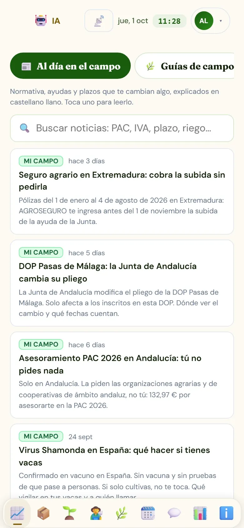 Mi Campo en el móvil, con los precios oficiales y la barra de módulos abajo