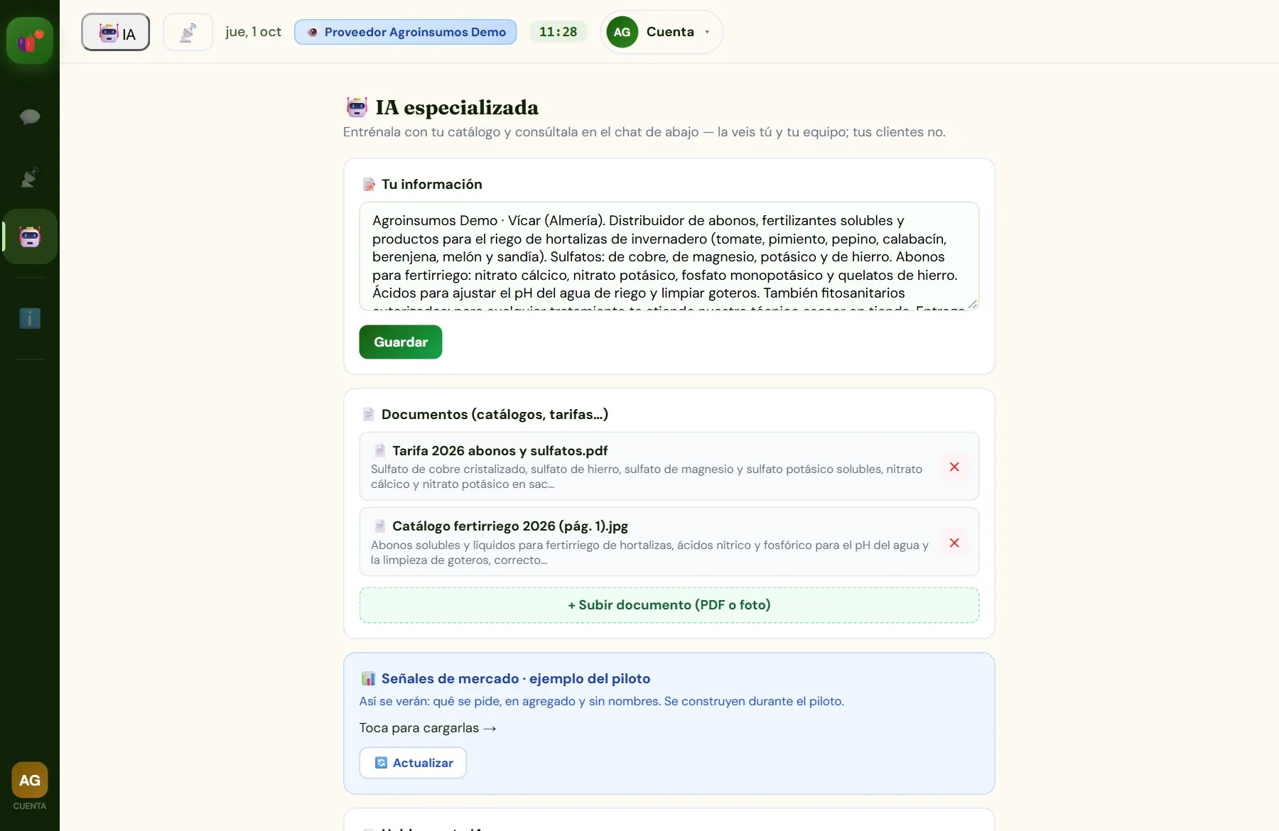 Pestaña IA especializada del proveedor en Mi Campo: su catálogo, sus tarifas, un ejemplo de señales de mercado y el chat con su IA