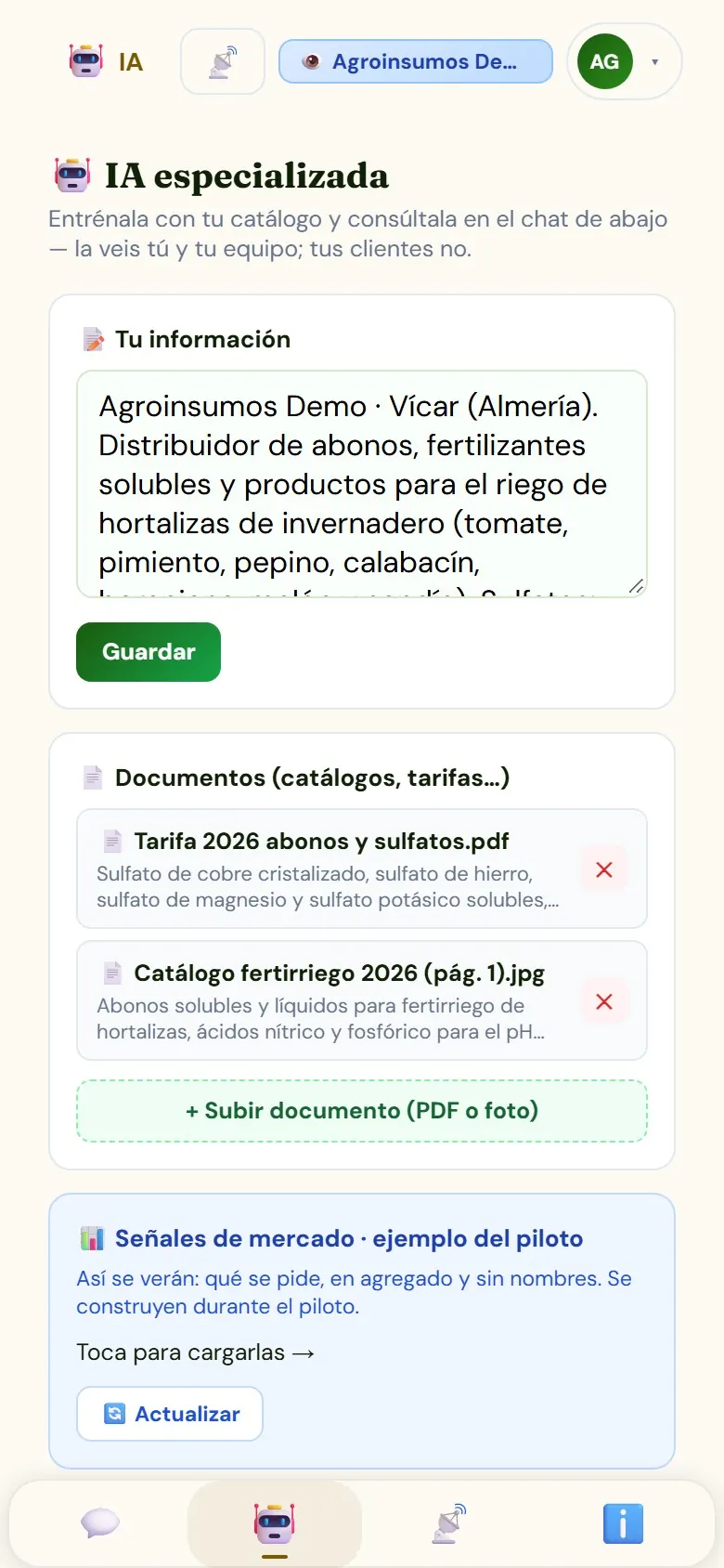 La IA del proveedor en el móvil, con su catálogo y el chat